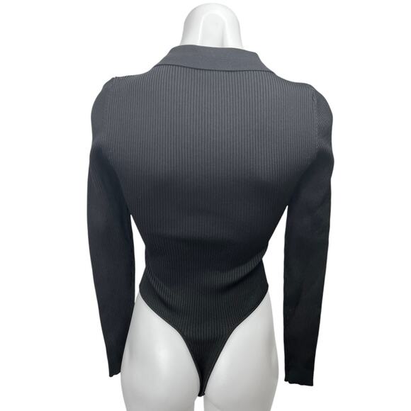 SER.O.YA Black Ribbed Button Up Collar Long Sleeve Polo Sweater Bodysuit Top XS - Picture 2 of 5